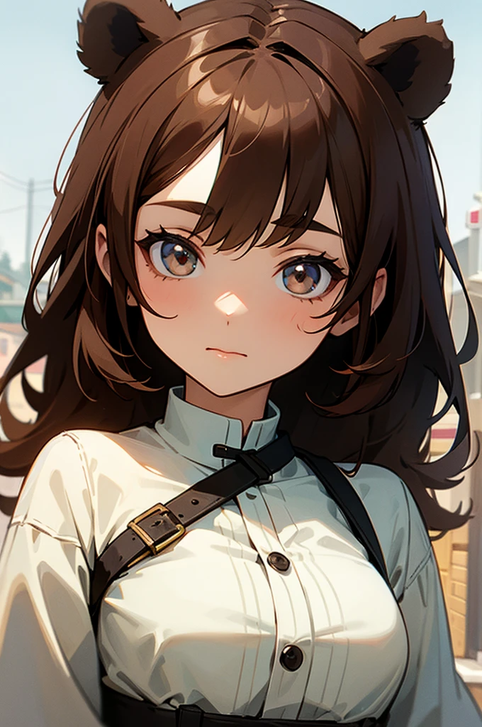 Young adult, Female, Brown hair, Town Background, Bear ears.