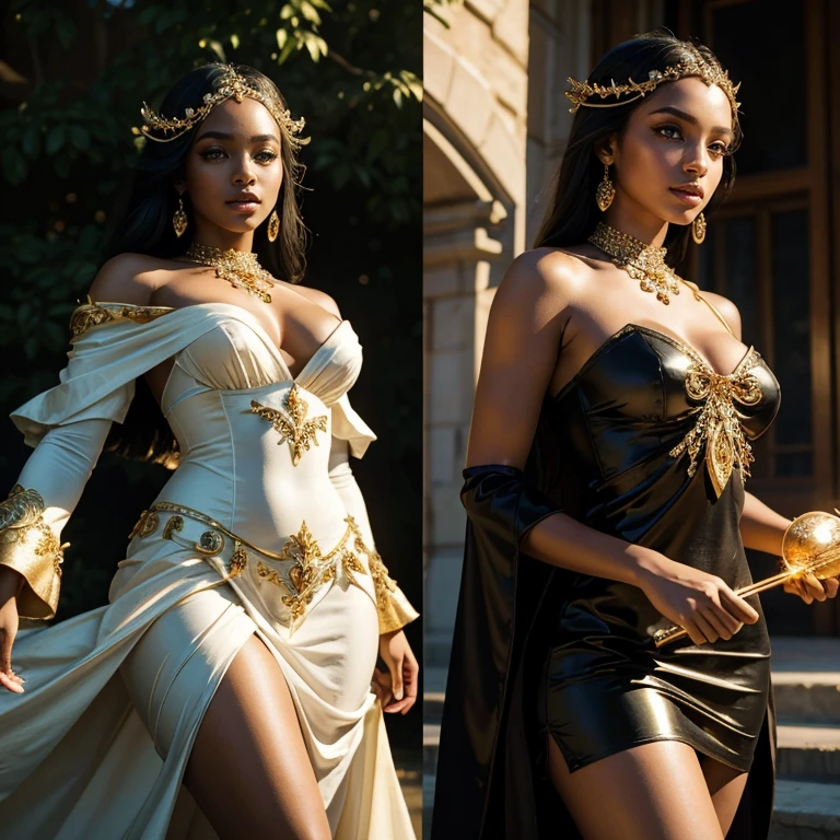 (​masterpiece, best quality:1.5), highest quality, High resolution, super detailed, Realists, Upper body photo of a black sorceress, dark skin, detailed and beautiful eyes, beautiful detailed lips, very detailed eyes and face, longeyelashes, shiny satin dress, Holds a wand in his hand and performs a transformation spell (Magic wand present and glowing) Beautiful and colorful makeup, elegant and noble々The jewelry bag, Gardens as background, soft daylight, bright colors, fine brushstrokes, Portrait style, Silk dress fabric, beautiful color palette, glowing skin, First-class rendering, that captures every detail, enchanting atmosphere, subtle shadows and lights, (perfect anatomy:1.2), (The stunning sorceress transforms a dress) (eine Transformation):1.4), (magnificent panorama view:1.2)