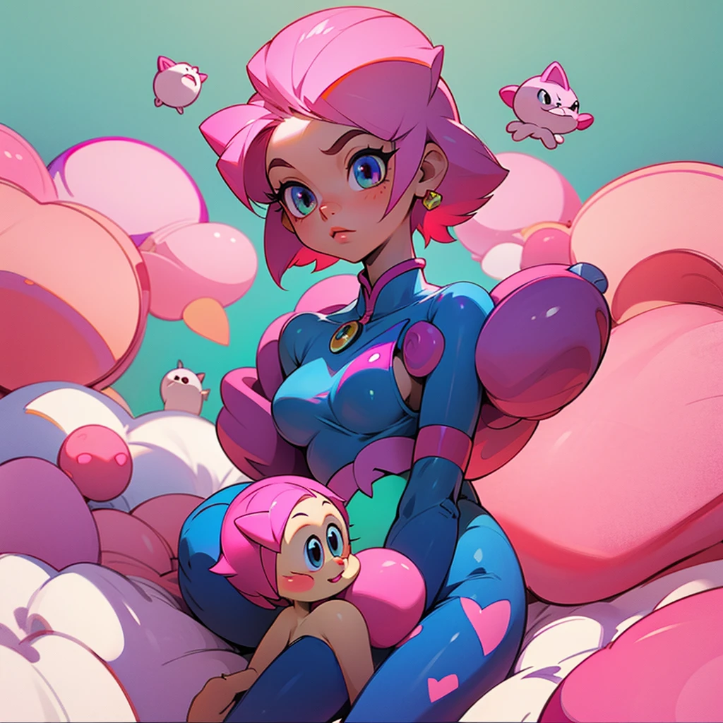 Amy Rose, a cat-like hedgehog with short pink hair, young and pretty without any clothes, soft skin and a medium bust, she measures 1.23 sitting on a bed 