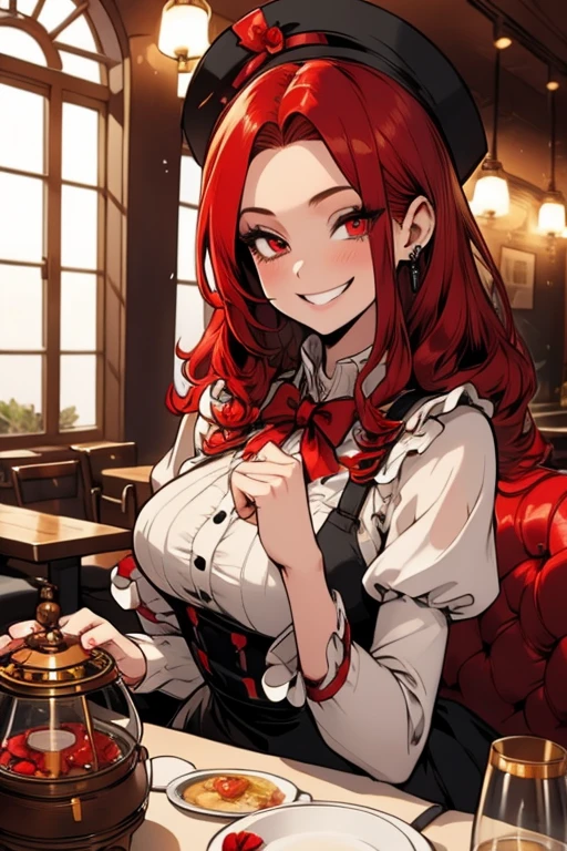 Perfect face. perfect hands. A red haired woman with red eyes and an hourglass figure in a lolita maid outfit is setting the tables in a fancy cafe with a big smile