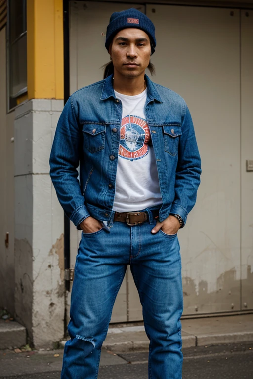 American native, warrior, dressed in blue urban clothes and demin jeans,