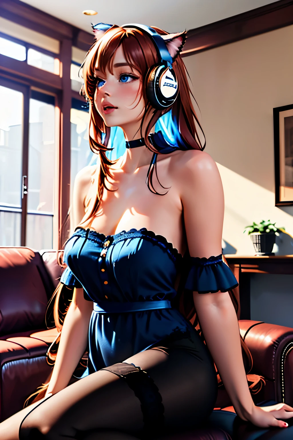 a one woman, russet hair, Super long hair, blue colored eyes, (langerie), in a living room, cat ear headphones, wide shot, uhd, high quality, best quality, highres, 8k