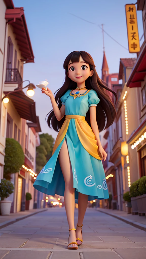 Ai real human pixar style Very very Tall Beautiful young fair complexion girl with not too long straight hair wearing a colorful design straight gown spreading in the air , smiling, feeling the cool air in a beautiful city area, lmage a little dark. Show full view of city. Very tall brown girl decent but stylish