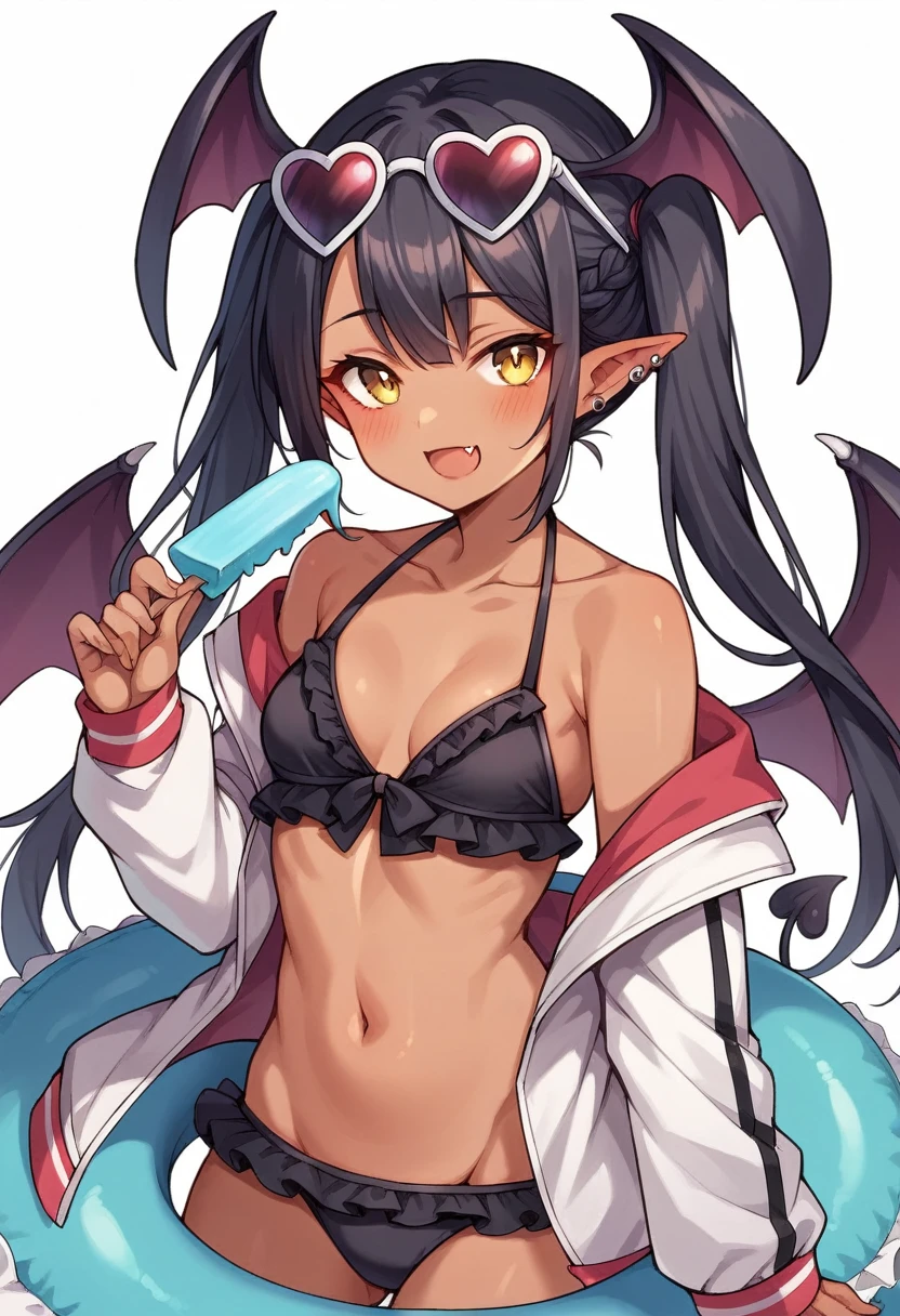 1girl, solo, long hair, breasts, looking at viewer, blush, smile, open mouth, bangs, black hair, navel, holding, twintails, jacket, tail, swimsuit, yellow eyes, braid, heart, bikini, earrings, small breasts, frills, food, open clothes, wings, pointy ears, fang, striped, dark skin, off shoulder, open jacket, dark-skinned female, black bikini, piercing, sunglasses, white jacket, demon girl, holding food, head wings, ear piercing, demon tail, eyewear on head, frilled bikini, demon wings, innertube, popsicle, heart-shaped eyewear