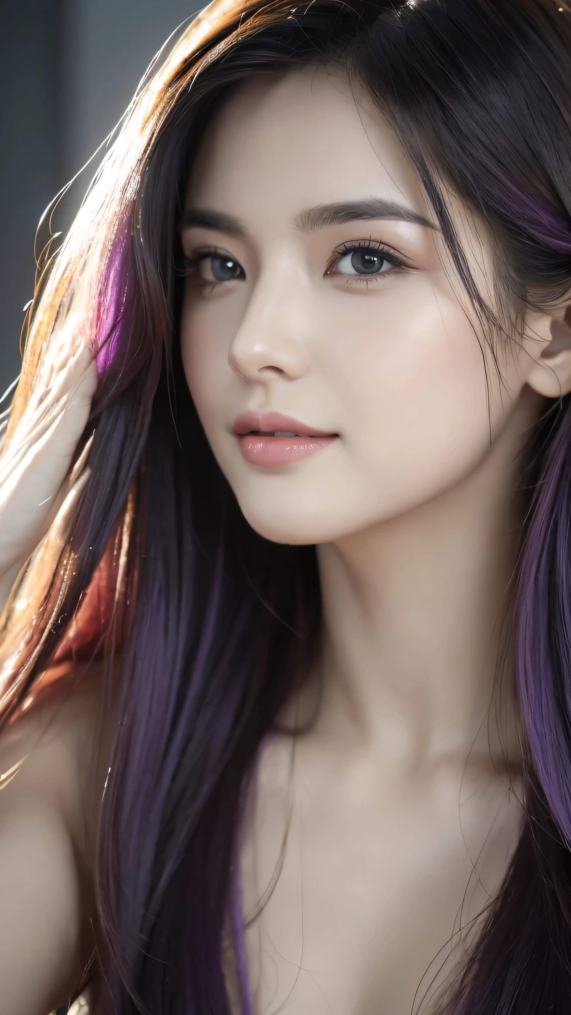 a detailed realistic portrait of a woman, long purple hair, beautiful detailed eyes, beautiful detailed lips, extremely detailed face, highly detailed skin texture, hyper realistic, realistic lighting, photorealistic, cinematic lighting, 8k, best quality, masterpiece, award winning, sharp focus, ultra-detailed, high-resolution, physically-based rendering, vivid colors, natural skin tones