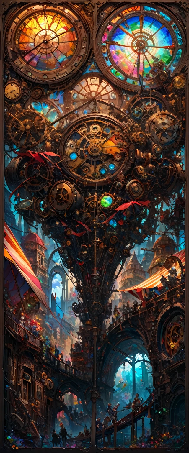 Fusion of oil and watercolor painting., Fusion of paper cutting and shadow puppets., Best Quality, super fine, 16k, incredibly absurd, extremely detailed, delicate and dynamic, contraption, Circus, stained glass kaleidoscope made of jewels of various colors, with mechanical mechanisms, Clockwork mechanisms, and gear mechanisms, iridescent neon colors, Light emits diodes, timers, steampunk mix and match frame and background, dieselpunk, ciberpunk y clockpunk, various image effects, artwork