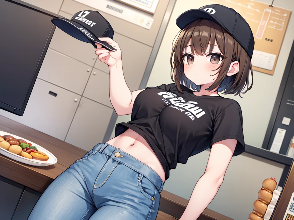score_9, score_8_up, score_7_up, score_6_up, score_5_up, source anime,
masterpeice, best quality, very aesthetic, absurdres, perfect anatomy, official art, anime,
perfect fingers, good hands,
BREAK
1girl, solo, breasts, looking_at_viewer, short_hair, brown_hair, shirt, hat, brown_eyes, food, midriff, pants, bag, mole, mole_under_eye, chain, eating, denim, t-shirt, baseball_cap, grey_shirt, jeans, hot dog,