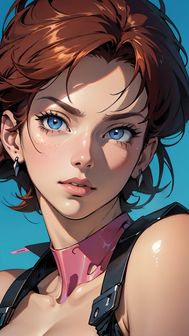 ((masterpiece, Highest quality; 1.3)), Great quality, Beautiful details, Very detailed, Ultra-fine, 16K, Exquisite, Absurd, High resolution, Beautiful background, Detailed Background, Beautiful Eyes, Beautiful Skin, Anime Style, 1 giral Dirty Pair's Kei,NUDE, naked, Bushy red-haired beauty, Narrow waist , Narrow waist, Thin thighs, Thin legs, Slim legs. Thigh Gap, Showing pussy, skinny, Small waist, Cyberpunk City Background, Holding a retro space gun, head band,