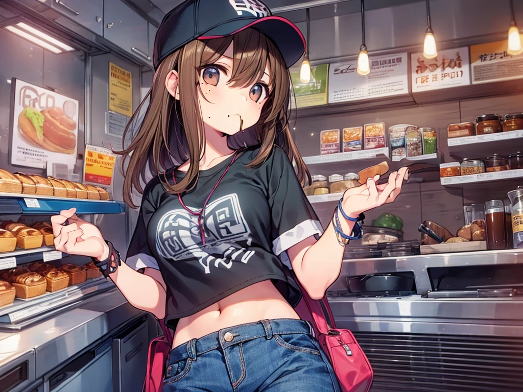 score_9, score_8_up, score_7_up, score_6_up, score_5_up, source anime,
masterpeice, best quality, very aesthetic, absurdres, perfect anatomy, official art, anime,
perfect fingers, good hands,
BREAK
1girl, solo, breasts, looking_at_viewer, short_hair, brown_hair, shirt, hat, brown_eyes, food, midriff, pants, bag, mole, mole_under_eye, chain, eating, denim, t-shirt, baseball_cap, grey_shirt, jeans, hot dog,