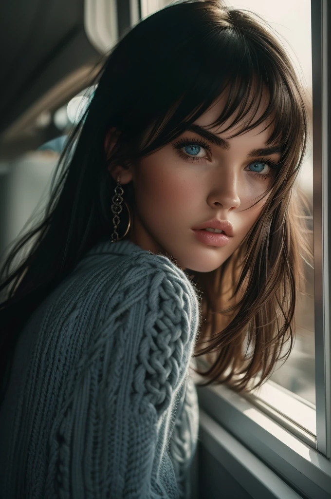  Megan Fox, ultra-detailed Nordic eyes, bangs, knit sweater, (((masterpiece, ultra-detailed face))).