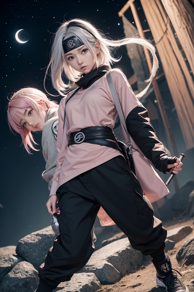 Photo from the anime naruto Shippuuden + Saori, Light pink, short and straight hair. I wear a silver star clip in my hair. Black eyes and light brown skin. Black long sleeve shirt. baggy black pants. A gray jacket. The bandana is around the waist, with the symbol of the leaf village. Gray sneakers. On his hands, long black gloves. Silver bracelet with star pendant on arm. some strings tied to his pants and a mini bag. + A forest, is holding a katana in an attack position. + Night + pretty face and an angelic appearance. Full body. Naruto Shippuden style