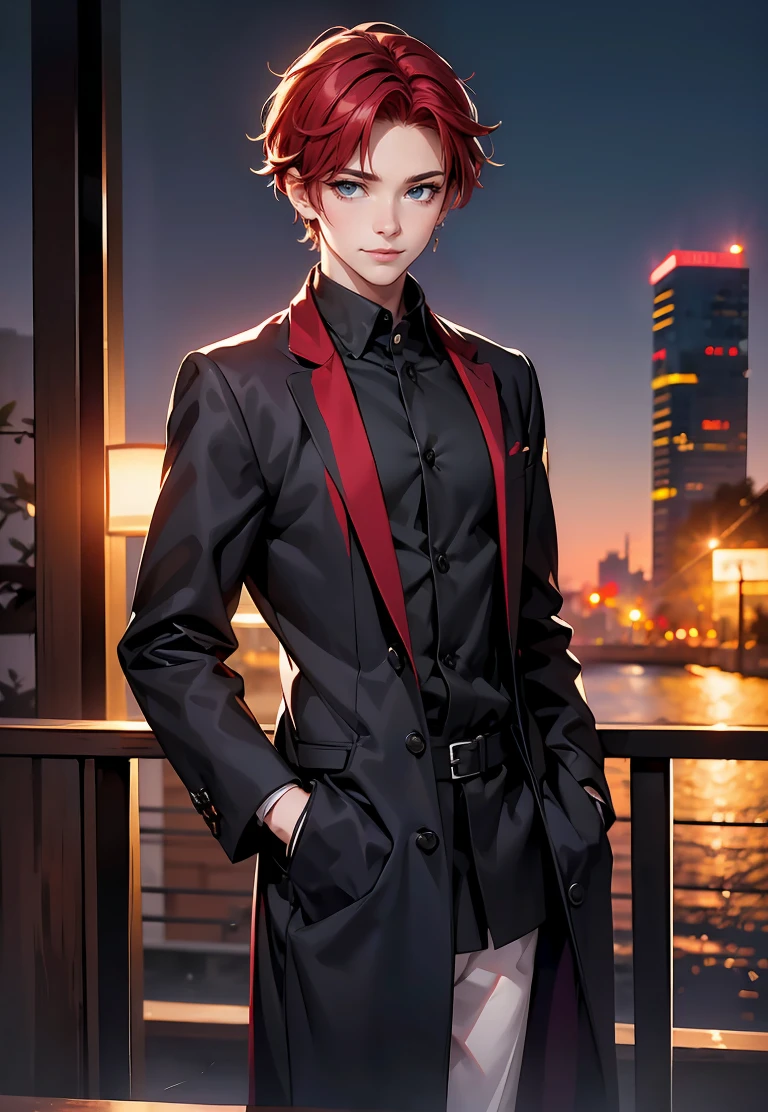 male character, adult, yandere, soft smile, completely black eyes, red hair, stylish and modern clothes, pale skin, looking at camera, resting his face on his hand, date night, warm colors, creepy soft smile, love sick, bishonen.