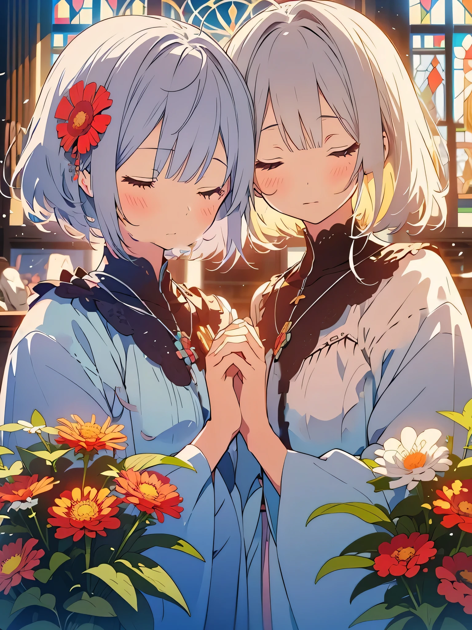kawaii, anime, Cute, hyper quality, highly detailed, 8k, Clarity, Draw facial expressions in detail, Two sisters with thin silver short bob hair and eyes closed, Zinnia, colorful zinnias, upper body, close your eyes and say a prayer, collapsed church, Stained glass, light shines in, growing weeds, Close ~ eyes, praying expression, plain sister clothes, drawing two sisters, facing sideways, profile, pale lapis lazuli eyes, highlight on eyes, sad expression, drawing two people, two sisters, Symmetrical, intertwine hands, short cut bob, 	