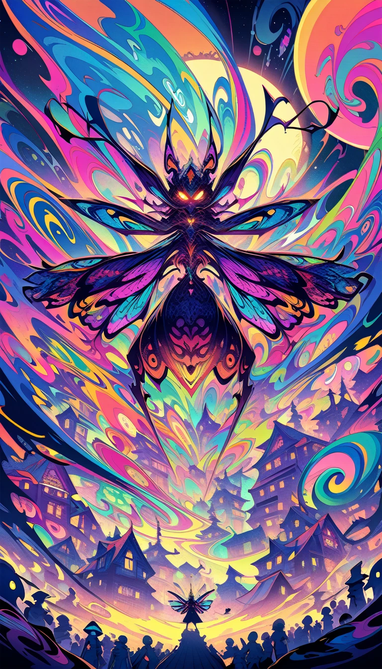((best quality)) , ((masterpiece)) , (detailentasy illustration of an enormous wasp with glowing eyes, surrounded cheering people in the style of magic The gathering card art. In front is a large yellow moon over a fantasy town background. Vibrant colors are used.,(psychedelic style . vibrant colors, swirling patterns, abstract forms, surreal, trippy)