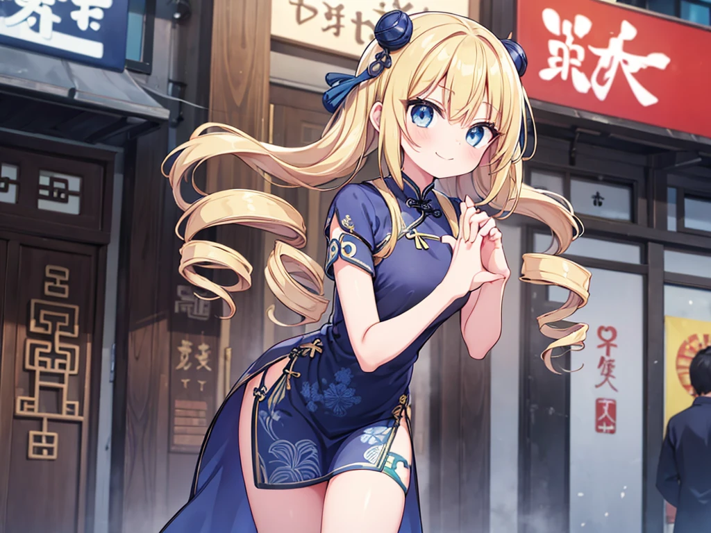 masterpeace, best quality,
highly detailed, ultra detailed, 4K,
((sharp line)),
super fine illustration, detailed skin,
detailed face,detailed eyes,
(perfect anatomy),
(perfect fingers, perfect hands:1.6),
BREAK
1 girl 22 years old, embarrassed smile, smile,
(blonde middle hair, twin drills, blue eyes:1.3),
untanned skin,
BREAK
(Indigo long chinese dress, Indigo long cheongsam:1.5),
BREAK
(standing, inner thigh:1.3),
looking at viewer,
upper body,
dutch angle,
BREAK
(day, back street, Taipei, Taiwan),
blurry background,