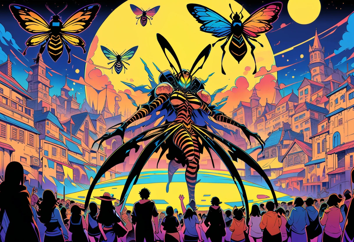 ((best quality)) , ((masterpiece)) , (detailentasy illustration of an enormous wasp with glowing eyes, surrounded cheering people in the style of magic The gathering card art. In front is a large yellow moon over a fantasy town background. Vibrant colors are used.,(pop Art style. bright colors, bold outlines, popular culture themes, ironic or kitsch)