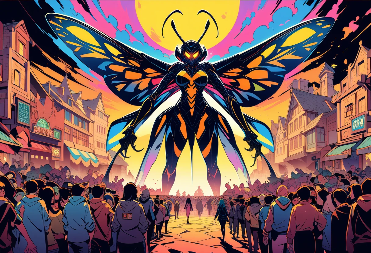 ((best quality)) , ((masterpiece)) , (detailentasy illustration of an enormous wasp with glowing eyes, surrounded cheering people in the style of magic The gathering card art. In front is a large yellow moon over a fantasy town background. Vibrant colors are used.,(pop Art style. bright colors, bold outlines, popular culture themes, ironic or kitsch)