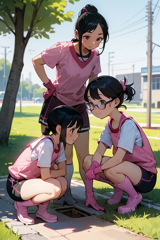 A pair of elementary school girls with glasses and black hair tied up, wearing short-sleeved gym clothes and shorts, wearing long pink rubber gloves and white rubber boots, squatting down to pick up trash in a schoolyard in midsummer　smile