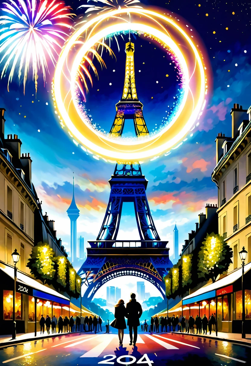 Paris, "Happy new year", "2024", (best composition), (Masterpiece), (Best Quality), (Ultra high Detailes), olympic rings, 2024