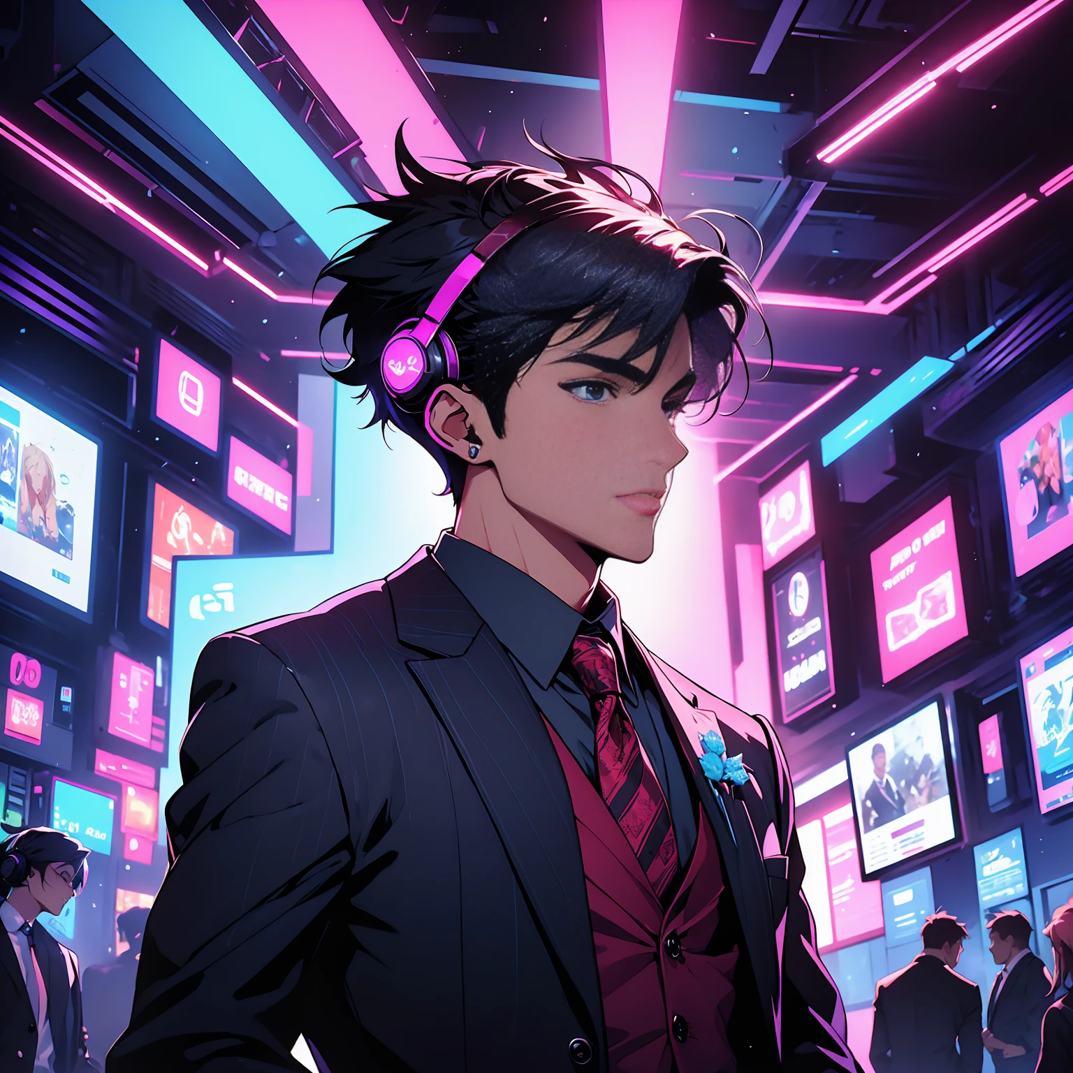 Anime-style digital art featuring two characters in a neon-lit room. The layout is centered with the characters in the foreground. The male character has short, dark hair, skin fair, with a stronger chin, wearing a gaming headset and a blazer, necktie, and a flower pin. The female character has short pixie cut hair, skin fair, and is wearing a similar with a blazer and necktie, along with large headphones. Behind them, there's a neon sign that says 'Hack my Heart' in pink and blue. The background includes several digital screens and a bar with drinks. The overall color scheme is vibrant with a focus on neon pink and blue tones..