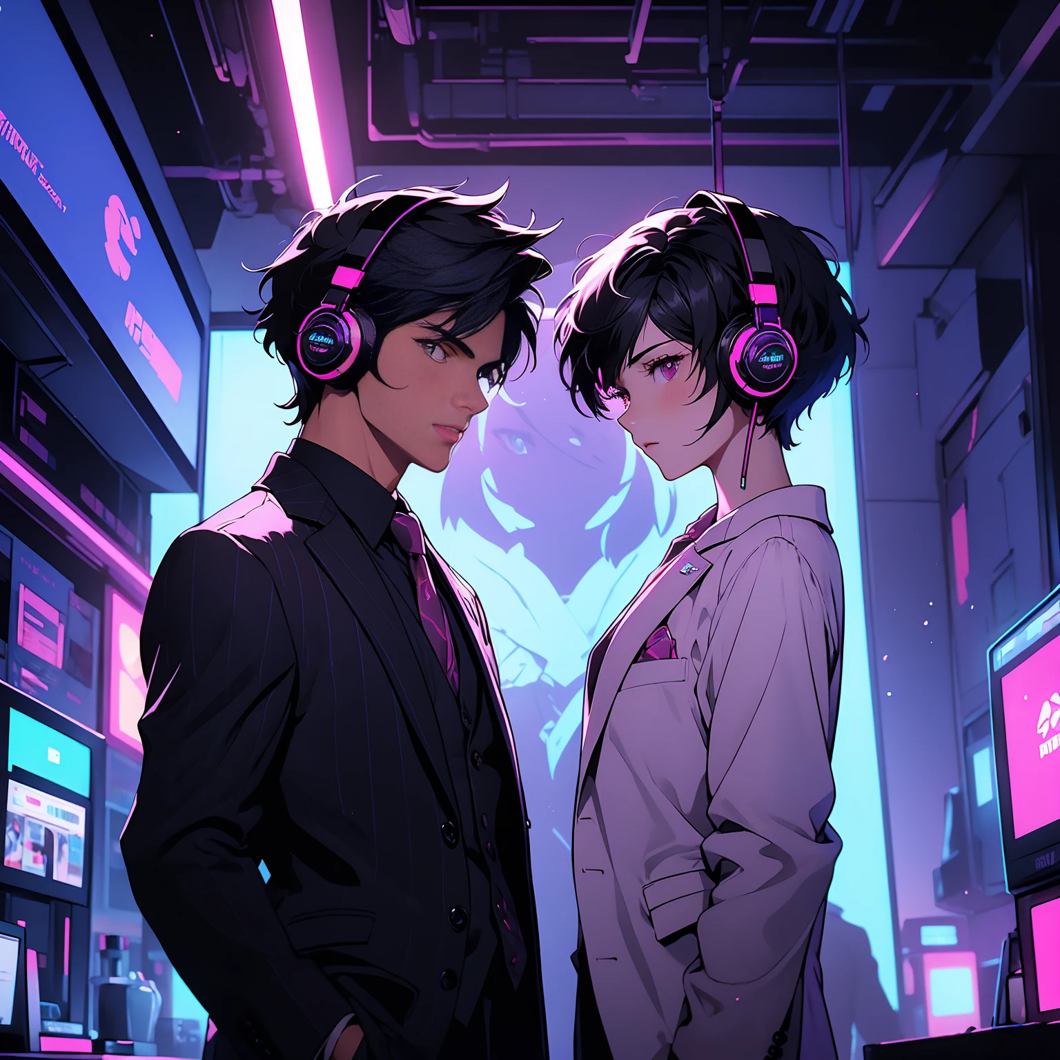 Anime-style digital art featuring two characters in a neon-lit room. The layout is centered with the characters in the foreground. The male character has short, dark hair, skin fair, with a stronger chin, wearing a gaming headset and a blazer, necktie, and a flower pin. The female character has short pixie cut hair, skin fair, and is wearing a similar with a blazer and necktie, along with large headphones. Behind them, there&#39;s a neon sign that says &#39;Hack my Heart&#39; in pink and blue. The background includes several digital screens and a bar with drinks. The overall color scheme is vibrant with a focus on neon pink and blue tones..