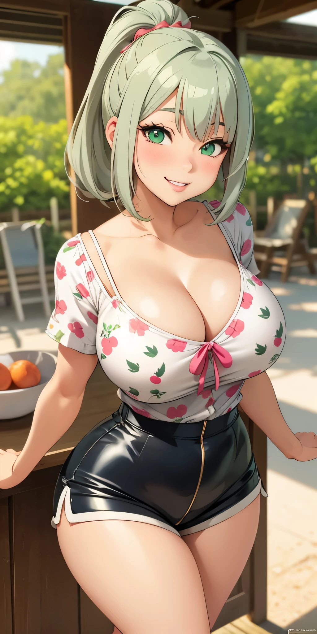 Anime girl, green eyes, gray hair, very voluptuous, ager, medium breasts, naughty girl smile, wallpaper, cute print blouse, strap on, latex shorts, bouncing breasts, on plantation farm