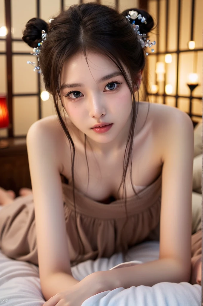 8k, masterpiece, RAW photos, best quality, realistic, extremely detailed CG unity 8k wallpaper, depth of field, Cinematic Light, lens flare, ray tracing, (very beautiful face, beautiful lips, beautiful eyes), A face with intricate details, ((highly detailed skin), 1 pretty girl top quality photo， ultra high resolution， （actually：1.4），Beautiful woman with a slender body:1.4, Distinct abs:1.4, on the island,ultra fine face，exquisite eyes，double eyelid,(((nude))), spread your legs,possession_,head, head 장식,hair bun, 