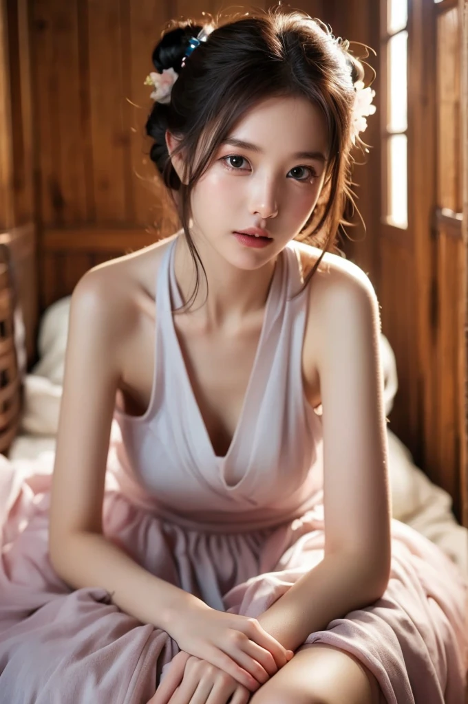 8k, masterpiece, RAW photos, best quality, realistic, extremely detailed CG unity 8k wallpaper, depth of field, Cinematic Light, lens flare, ray tracing, (very beautiful face, beautiful lips, beautiful eyes), A face with intricate details, ((highly detailed skin), 1 pretty girl top quality photo, ultra high resolution, (actually:1.4),Beautiful woman with a slender body:1.4, Distinct abs:1.4, on the island,ultra fine face,exquisite eyes,double eyelid,(((nude))), spread your legs,possession_,head, head 장식,hair bun,