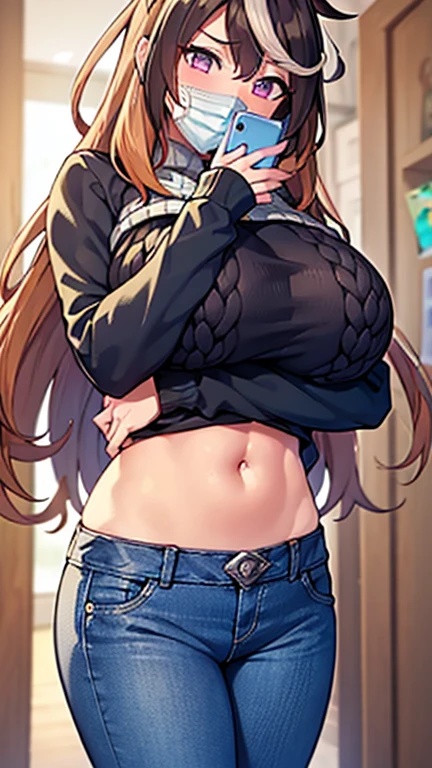 1girl, standing, blonde hair, huge breasts, nipples, navel, jeans, black mouth mask, knit sweater, selfie, iphone, clothes lift, lifted by self, room, cowboy shot, from front shot, best quality, 8k, perfect anatomy, nsfw