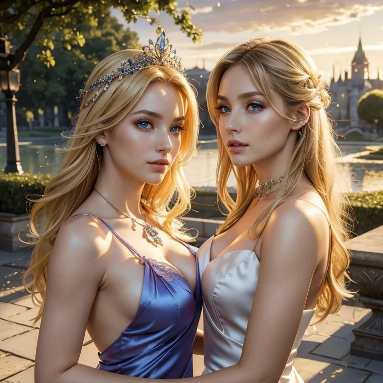 (masterpiece, best quality:1.5), highest quality, High resolution, super detailed, Realists, Upper body photo of a blonde sorceress, detailed and beautiful eyes, beautiful detailed lips, very detailed eyes and face, longeyelashes, shiny satin dress, Holding a magic wand in your hand and performing a transformation spell (Magic wands present and shining) Beautiful and colorful makeup, elegant and noble々The jewelry bag, Gardens as background, soft daylight, bright colors, fine brushstrokes, Portrait style, Silk dress fabric, beautiful color palette, glowing skin, First-class rendering, that captures every detail, enchanting atmosphere, subtle shadows and lights, (perfect anatomy:1.2), (The two breathtaking sorceresses transform) (a transformation):1.4), (magnificent panorama view:1.2)