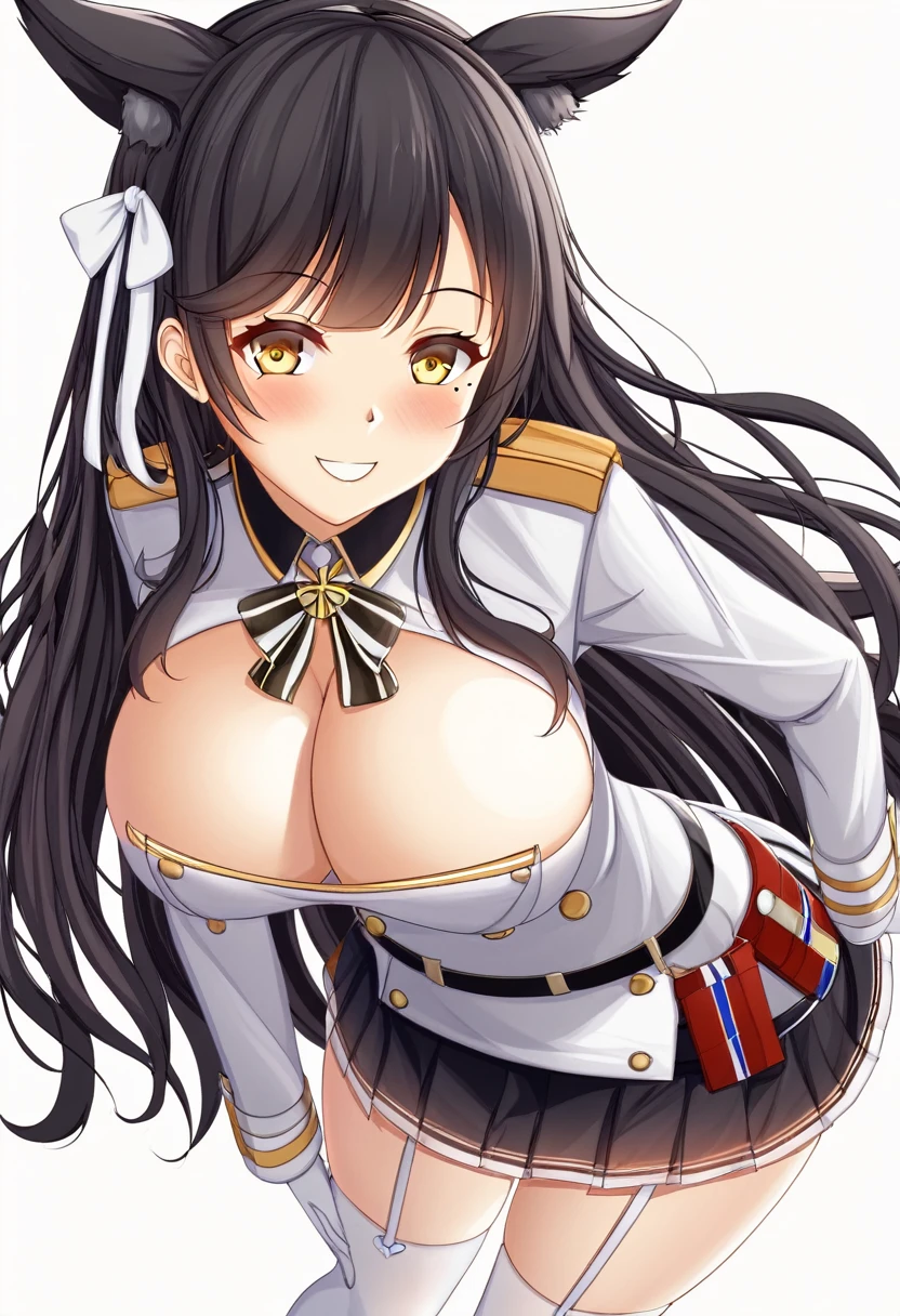 Atago (Azur Lane)、Female: 1 person、alone、Long Hair、chest、Gazing at the audience、blush、smile、bangs、skirt、Big Breasts、Simple Background、Black Hair、Knee socks、gloves、Long sleeve、White Background、ribbon、Animal ears、ヘアribbon、Yellow Eyes、Thighs、belt、黒Knee socks、白gloves、ミニskirt、Mole、uniform、From the side、Absolute area、military、目の下のMole、uniform、Skin dents、Leaning forward、Garter Straps、白skirt、stoop down、白ribbon、Extra ears、ペンシルskirt
