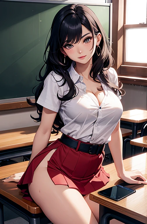 masterpiece, best quality, best lighting, shadows, perfect anatomy, 1 girl, adult anime girl, 21 years old, mature features, showing tits, bitchy face, pretty lips, pretty eyes, black wavy hair, black eyes, seductive eyes, blushing, flirty, pretty smile, tiny red skirt, wet white tight shirt, classroom background, ass, breast, thighs, seductive, spicy, hot, flirty, nsfw,