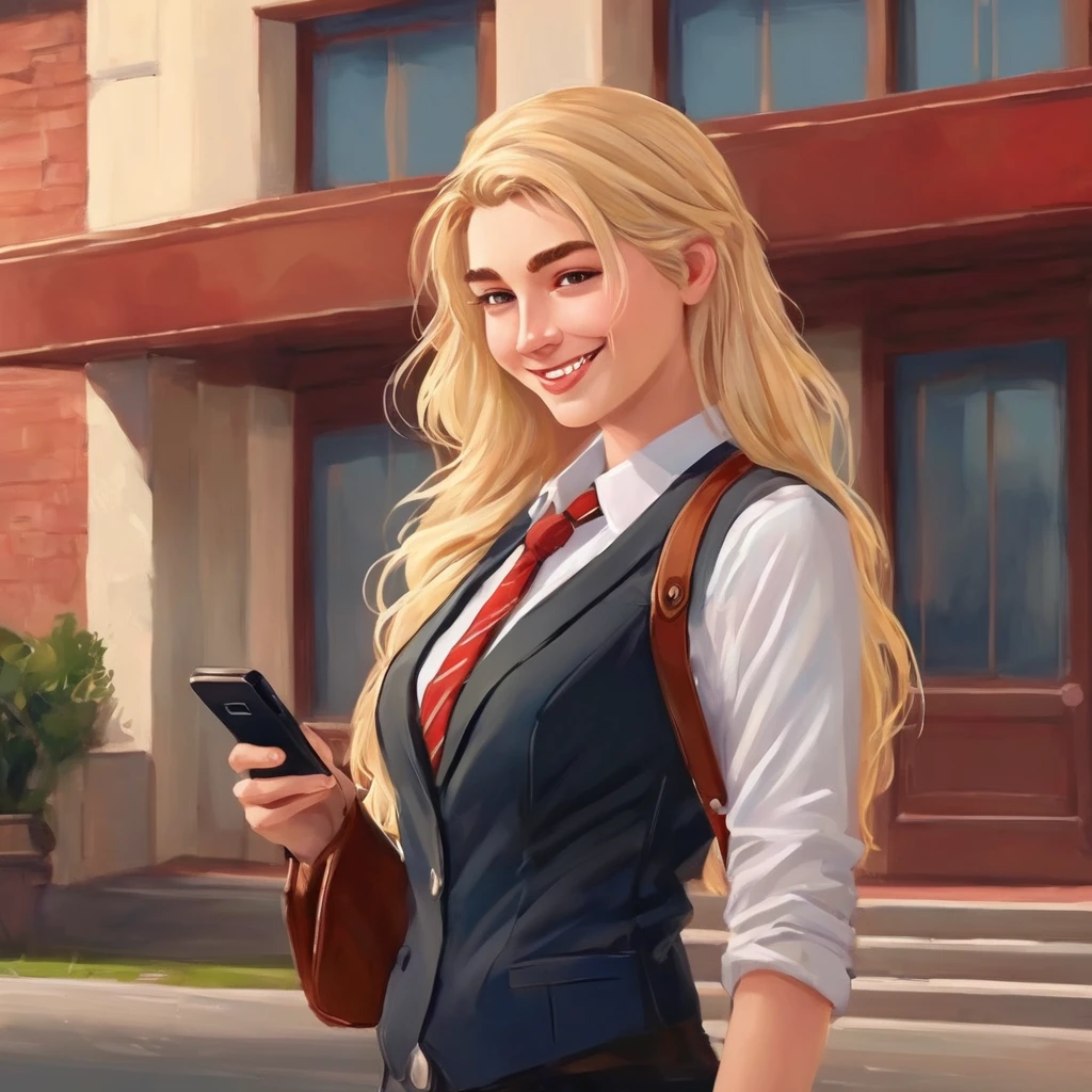 (obra maestra, Mejor calidad:1.2), 1 business-style teenager dressed in business, with long blonde hair smiling at the camera with cell phone in hand, in front of a building  