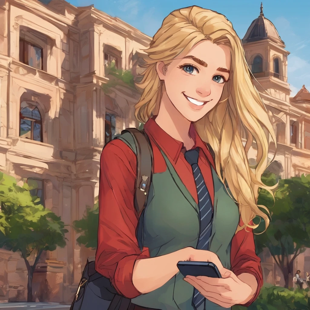 (obra maestra, Mejor calidad:1.2), 1 business-style teenager dressed in business, with long blonde hair smiling at the camera with cell phone in hand, in front of a building  