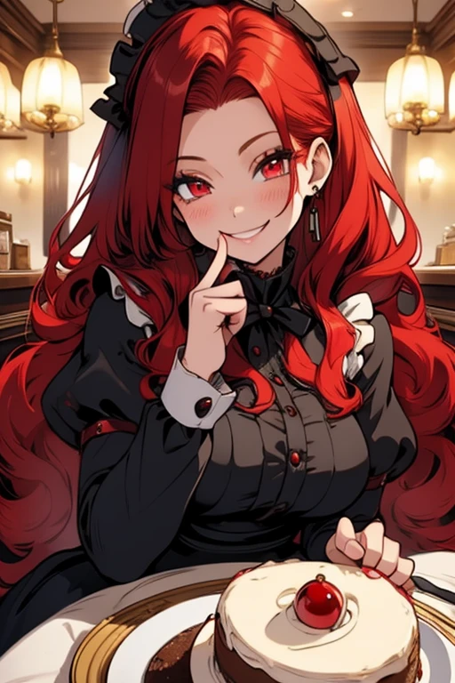 Perfect face. perfect hands. A red haired woman with red eyes and an hourglass figure in a ta maid outfit is serving cake in a fancy cafe with a big smile
