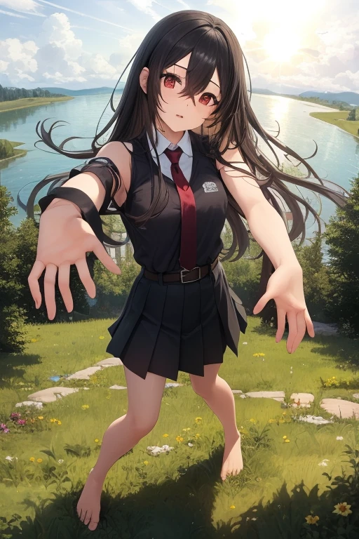 masterpiece, best quality, 1girl, long hair, black hair, red eyes, hair between eyes, skirt, dress, necktie, sleeveless, belt, shirt, black shirt, collared shirt, red necktie, black skirt, bare feet, standing up, from above, perspective, grass, [forest | lake], day, sun, sunlight
