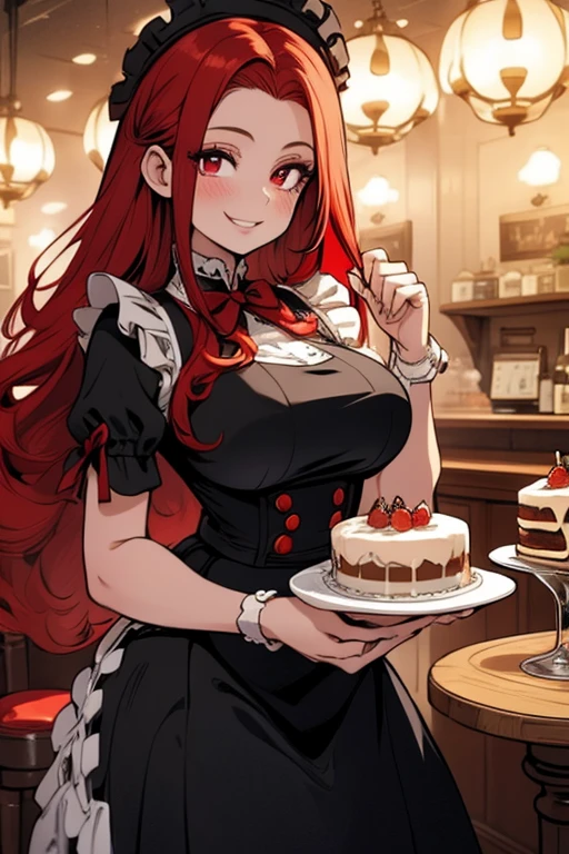 Perfect face. perfect hands. A red haired woman with red eyes and an hourglass figure in a lolita maid outfit is serving cake in a fancy cafe with a big smile