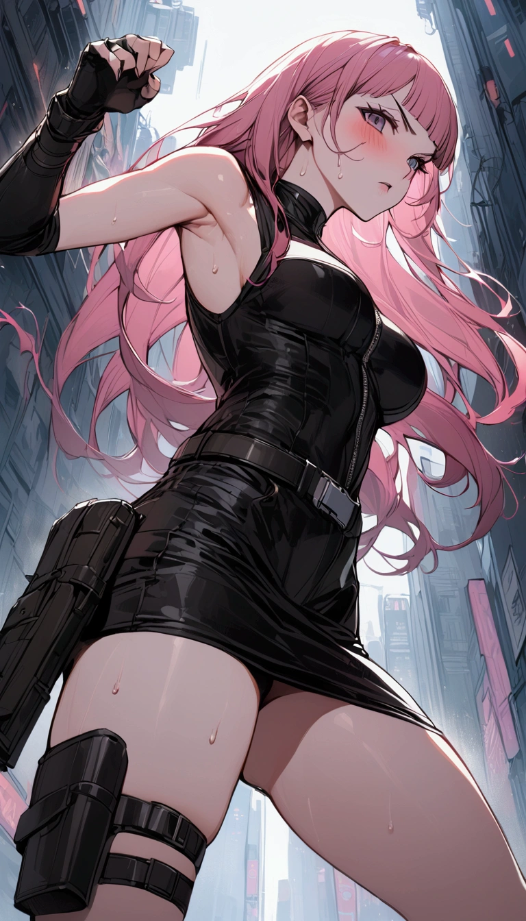 from below,dutch angle,from side,{{masterpiece}}, {{{Highest quality}}},{{Very detailed}},{{Fight}},{{fighting stance:1.6}},{{Cyberpunk style female warrior}},{{critical situation:1.6}},{{cyberpunk}},Beautiful thighs,1girl,30years old,{Mature Woman}},,{{Tight leather jacket:1.2}},belt,black fingerless gloves,Mini Length One-piece Dresses.Clavicle, skirt,holster,{{Grit your teeth:1.4}},,{{v-shaped eyebrows}},Bad mood,blush,Sweat,raise one's eyebrows ,{{View your viewers}}、pink straight long hair ,blunt bangs.abdominal pain ,{{pain}},