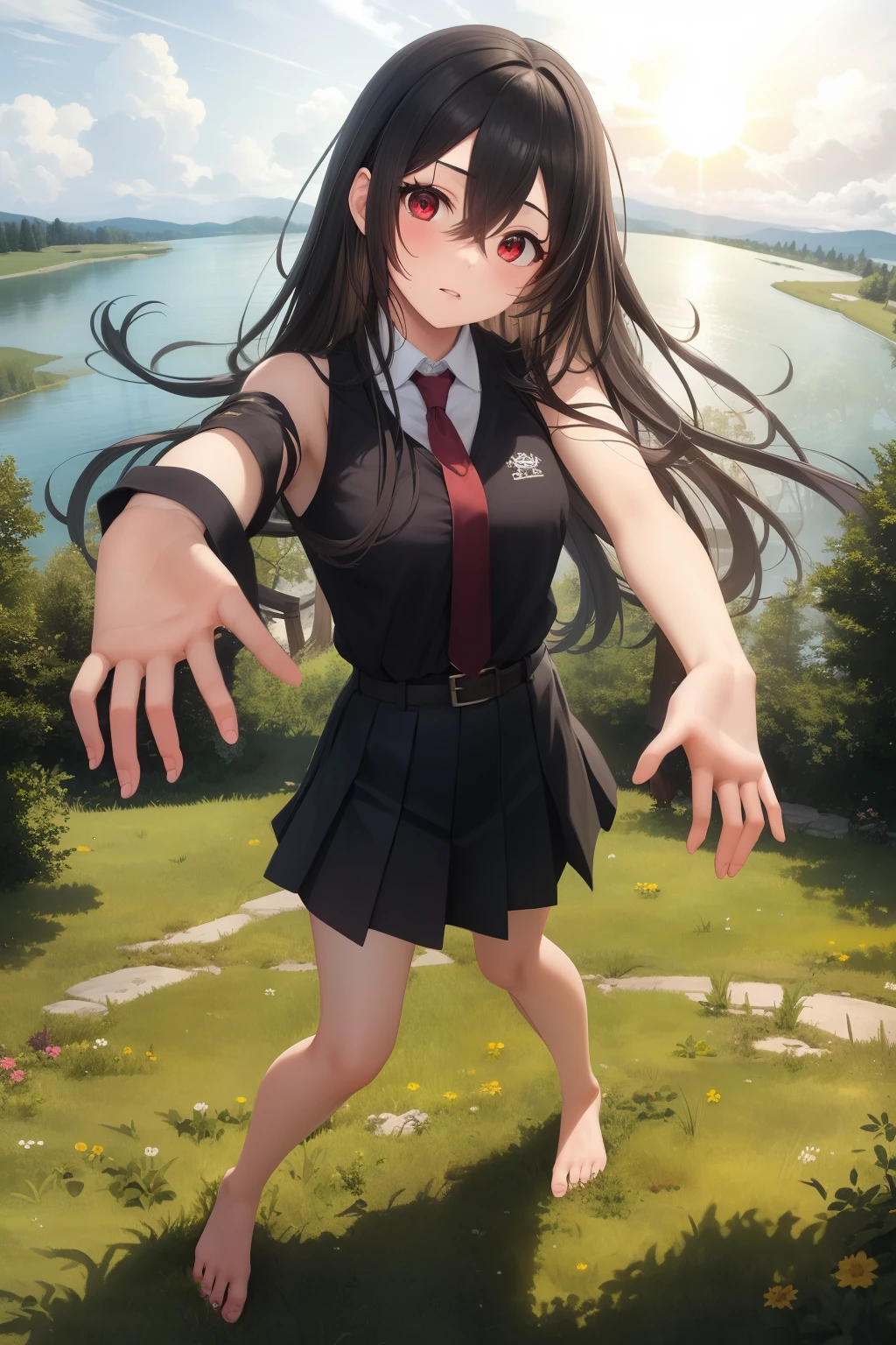 masterpiece, best quality, 1girl, long hair, black hair, red eyes, hair between eyes, skirt, dress, necktie, sleeveless, belt, shirt, black shirt, collared shirt, red necktie, black skirt, bare feet, standing up, from above, perspective, grass, [forest | lake], day, sun, sunlight