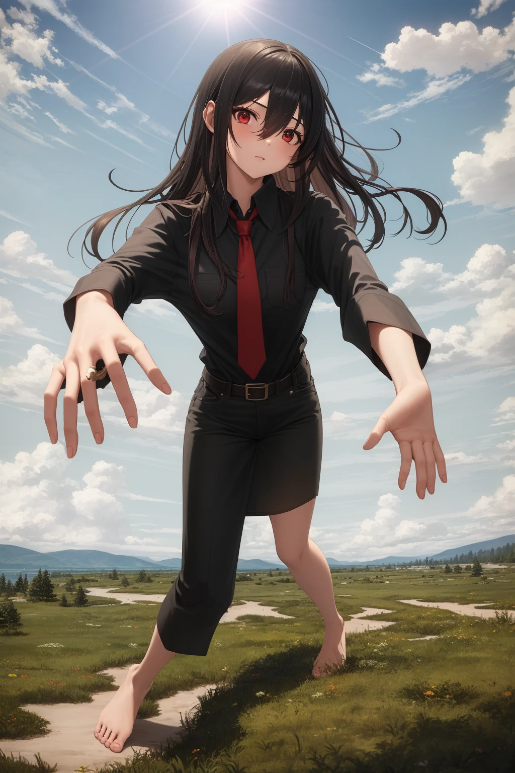 masterpiece, best quality, 1girl, long hair, black hair, red eyes, hair between eyes, skirt, dress, necktie, sleeveless, belt, shirt, black shirt, collared shirt, red necktie, black skirt, bare feet, standing up, from above, perspective, grass, [forest | lake], day, sun, sunlight