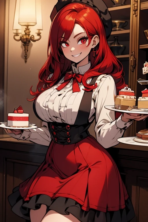 Perfect face. perfect hands. A red haired woman with red eyes and an hourglass figure in a lolita maid outfit is serving cake in a fancy cafe with a big smile