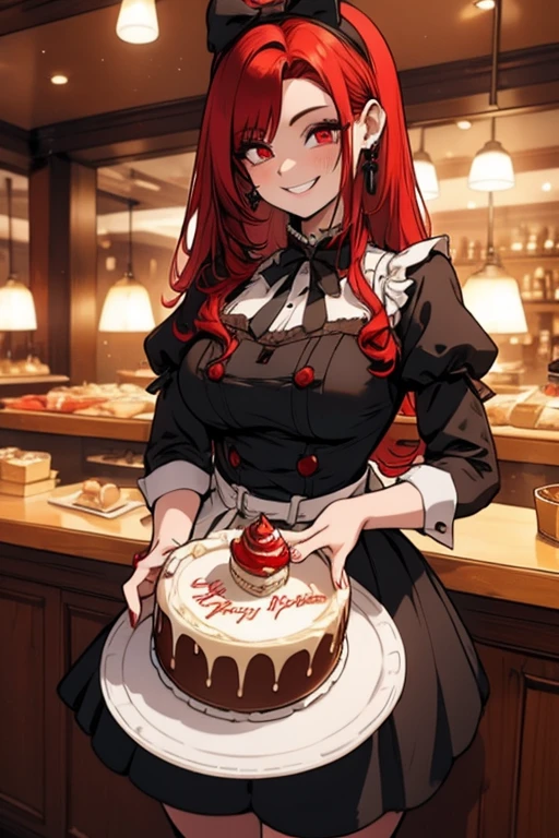 Perfect face. perfect hands. A red haired woman with red eyes and an hourglass figure in a lolita maid outfit is serving cake in a fancy cafe with a big smile