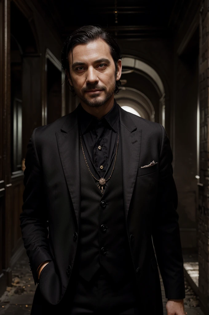 masterpiece, best quality, very aesthetic, absurdres, 1man,_gentleman,red_eyes,monocle, monocle_chain,horror,crows,dark,black_hair,short_hair, gentleman_clothes,dark_background,ruin city,smile,relax,