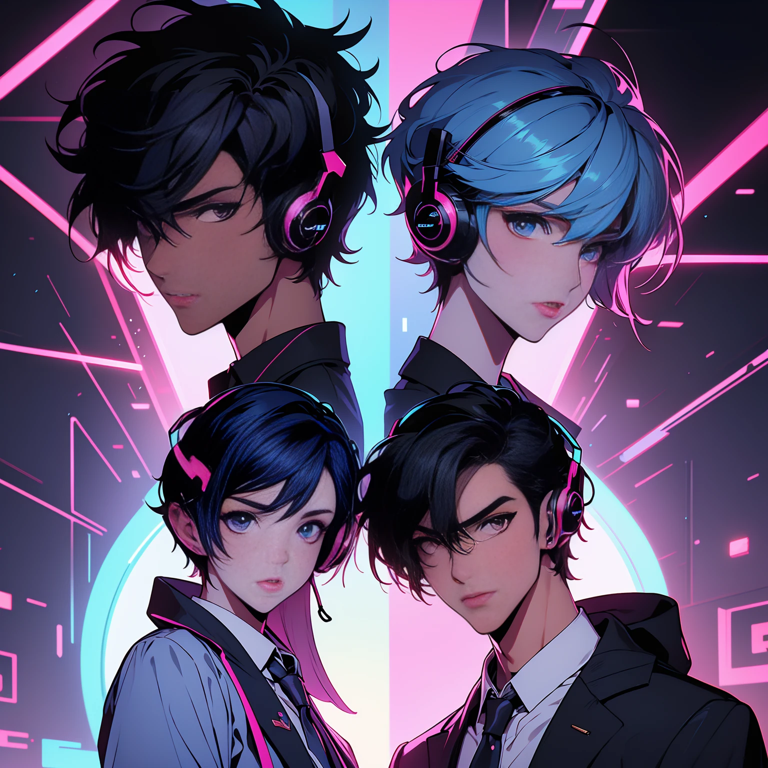 Anime-style digital art featuring two characters in a neon-lit room. The layout is centered with the characters in the foreground. The male character has short, dark hair, skin fair, with a stronger chin, wearing a gaming headset and a blazer, necktie, and a flower pin. The female character has short pixie cut hair, skin fair, and is wearing a similar with a blazer and necktie, along with large headphones. Behind them, there&#39;s a neon sign that says &#39;Hack my Heart&#39; in pink and blue. The background includes several digital screens and a bar with drinks. The overall color scheme is vibrant with a focus on neon pink and blue tones..