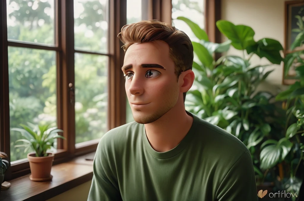 27-year-old man, looking discreetly at the window, he has brown hair, is thin interna