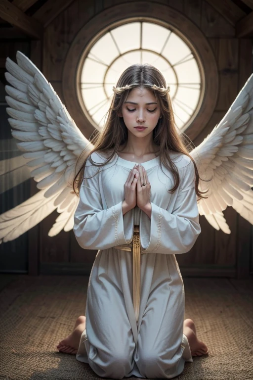 "Create a high definition image of the Angel Gabriel in a moment of prayer. Gabriel must be kneeling, with hands clasped together in front of his chest, in a serene and devout pose. Your facial expression should convey peace and spirituality. The surrounding scenery may include a celestial background with soft clouds and a divine light radiating over it.. Detail of Gabriel's wings with luminous white feathers, and add a glowing halo over your head. The angel's clothing should be a long, flowing robe, with gold or silver details that reinforce its celestial nature."