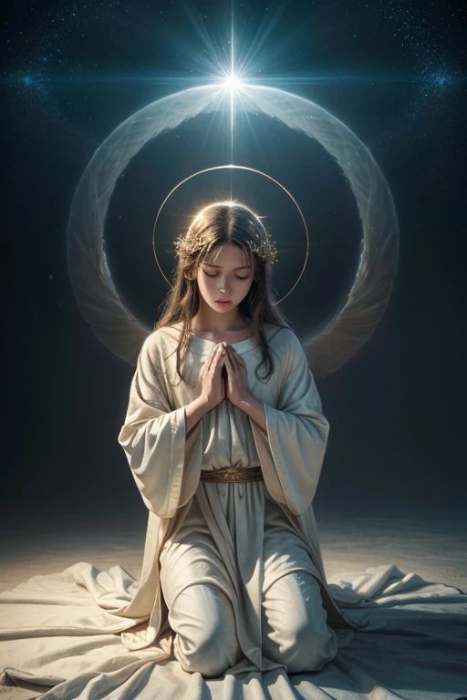 "Create a high definition image of the Angel Gabriel in a moment of prayer. Gabriel must be kneeling, with hands clasped together in front of his chest, in a serene and devout pose. Your facial expression should convey peace and spirituality. The surrounding scenery may include a celestial background with soft clouds and a divine light radiating over it.. Detail of Gabriel's wings with luminous white feathers, and add a glowing halo over your head. The angel's clothing should be a long, flowing robe, with gold or silver details that reinforce its celestial nature."