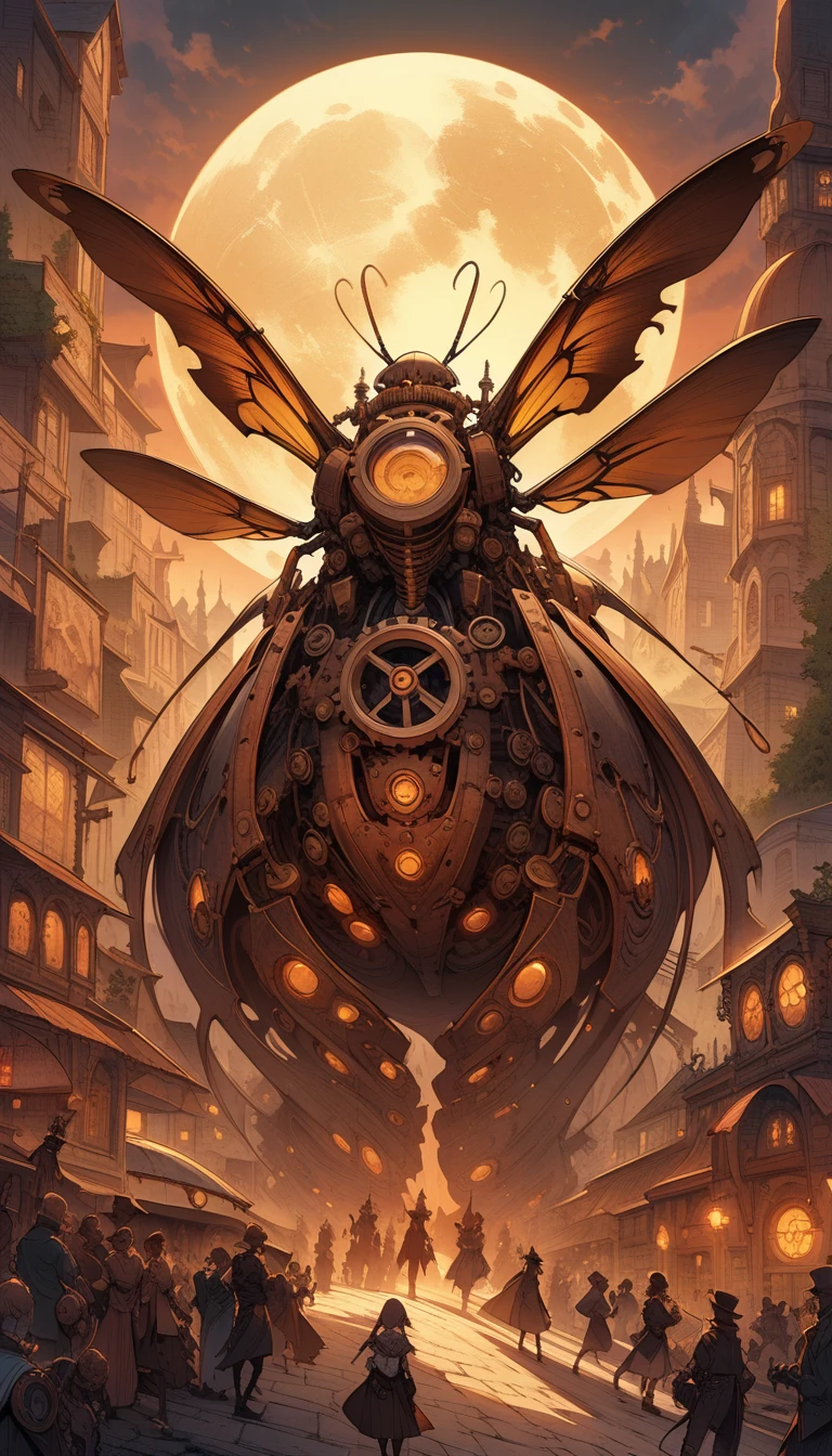 ((best quality)) , ((masterpiece)) , (detailentasy illustration of an enormous wasp with glowing eyes, surrounded cheering people in the style of magic The gathering card art. In front is a large yellow moon over a fantasy town background. Vibrant colors are used.,(steampunk style . antique, mechanical, brass and copper tones, gears, intricate, detailed)