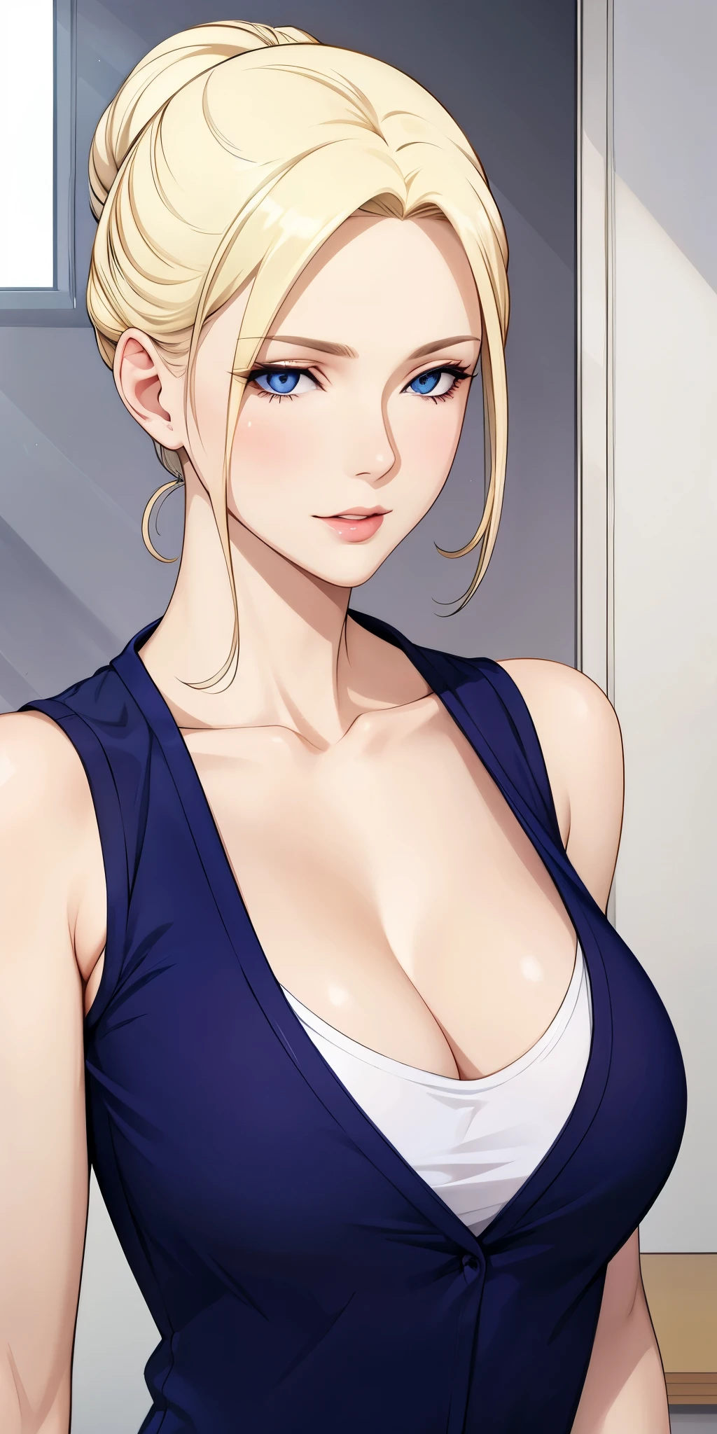 Elegant mature woman, milf, blue eyes, blonde hair, soft light, 4k resolution, high quality, beautiful cg