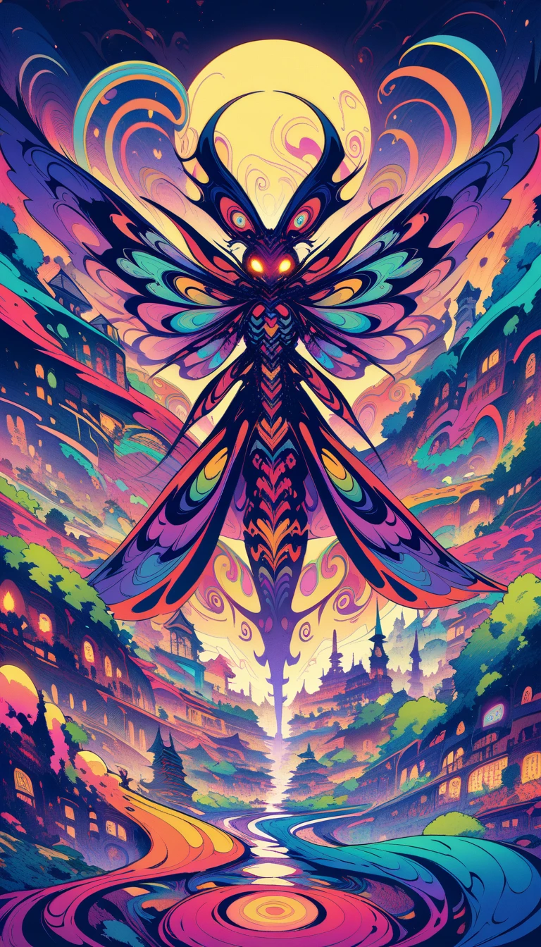 ((best quality)) , ((masterpiece)) , (fantasy illustration of an enormous wasp with glowing eyes), surrounded cheering people in the style of magic The gathering card art. In front is a large yellow moon over a fantasy town background. Vibrant colors are used.，(psychedelic style . vibrant colors, swirling patterns, abstract forms, surreal, trippy)